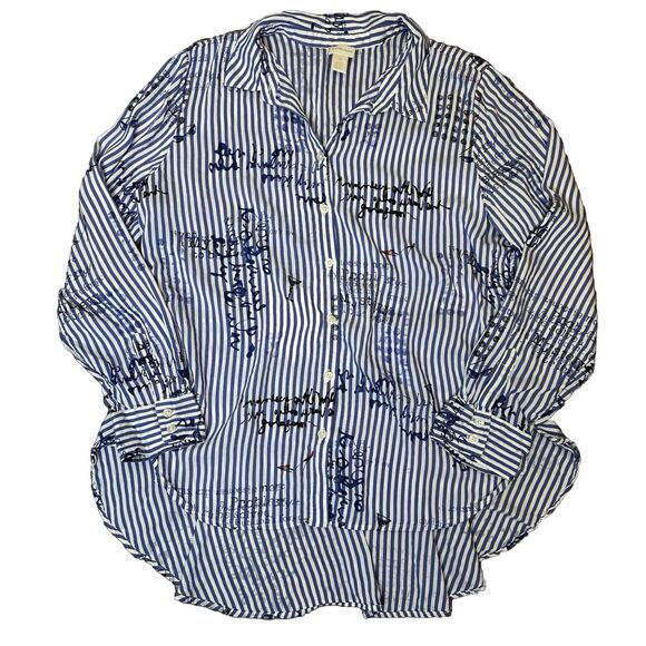 Chicos 2 Top Button Front Blouse Blue White Stripe Large 12 Martini Shoes Hi Low - Picture 1 of 8